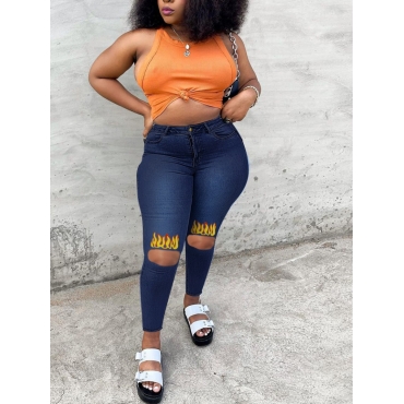 

LW Plus Size Flame Print Ripped Jeans, Deep blue