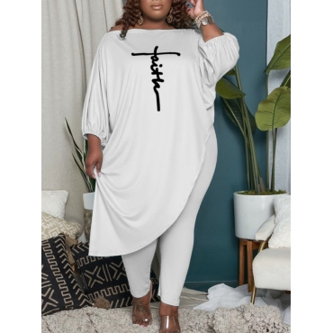 

LW Plus Size Letter Print Asymmetrical Pants Set, White