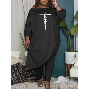 

LW Plus Size Letter Print Asymmetrical Pants Set, Black