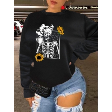 

LW Plus Size Sunflower Skeleton Print Hoodie, Black