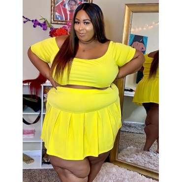 

LW BASICS Plus Size Casual Off The Shoulder Flounce Design Yellow Two-piece Skirt Set