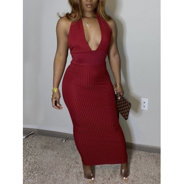 

LW Backless Rib-Knit Bodycon Dress, Wine red
