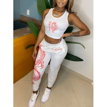 

LW Round Neck Dragon Print Pants Set, White