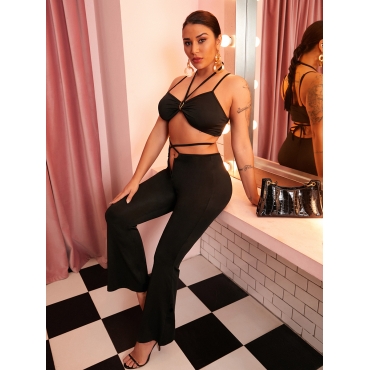 

LW SXY Ruched Spaghetti Strap Flared Two Piece Pants Set, Black