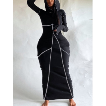 

LW Casual Hooded Collar Striped Black Ankle Length Dress