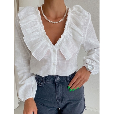 

LW V Neck Flounce Design Blouse, White