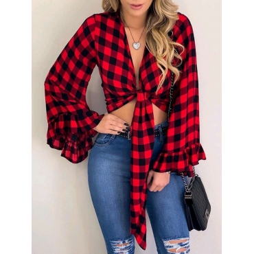 

LW Plaid Print Flounce Design Blouse, Red