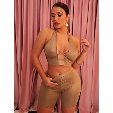 

LW SXY Backless Sequined Hollow-out Two Piece Shorts Set, Gold