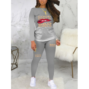 

LW Gradient Lip Letter Print Pants Set, Grey