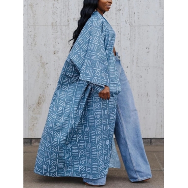 

LW Plus Size Geometric Print Loose Coat, Blue