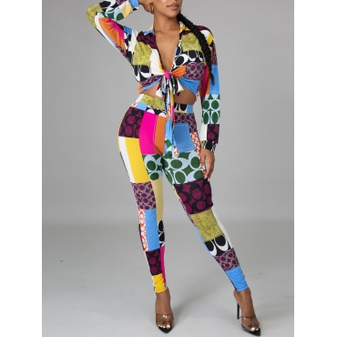 

LW SXY Geometric Print Patchwork Pants Set, Blue