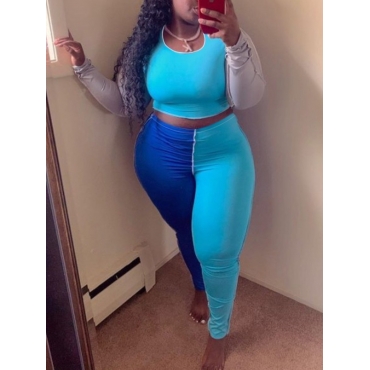 

LW Plus Size Casual O Neck Patchwork Skinny Blue Two-piece Pants Set