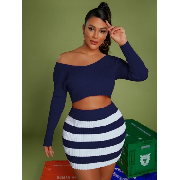 

LW SXY Striped Rib-Knit Skirt Set, Blue stripe