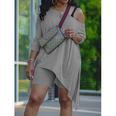 

LW Leisure Oblique Neck Asymmetrical Grey Two Piece Shorts Set