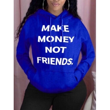 

LW Casual Hooded Collar Letter Print Blue Hoodie