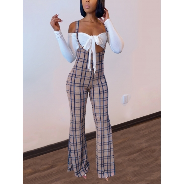 

LW Sweet Lace-up Grid Print Khaki Two-piece Pants Set