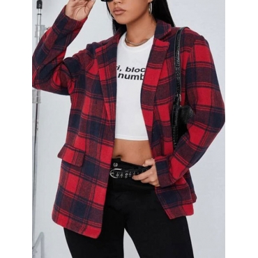 

LW Plus Size Turndown Collar Plaid Print Blazer, Red