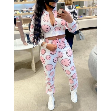 

LW Cartoon Print Drawstring Pants Set, White