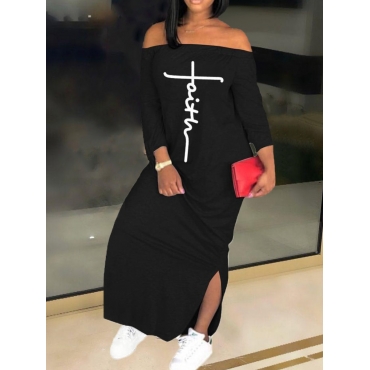 LW Off The Shoulder Faith Drawing Letter Print Slit Dress от Lovelywholesale WW