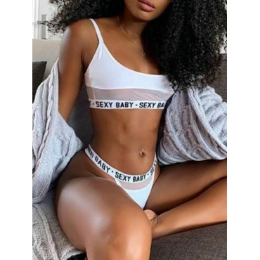 

LW Letter Print See-through Bra Set, White