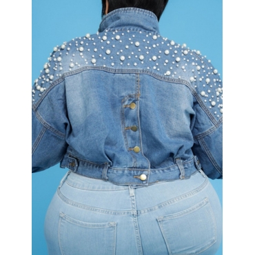 

LW Plus Size Back And Front Button Pearl Decoration Denim Jacket (No Stretch), Blue