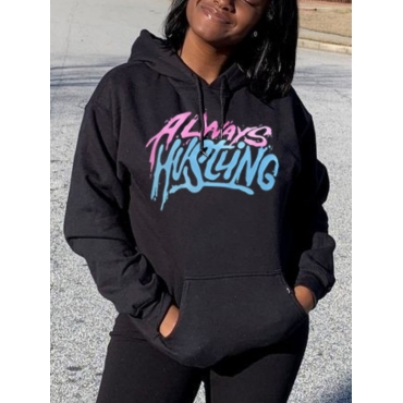 

LW Letter Print Kangaroo Pocket Hoodie, Black