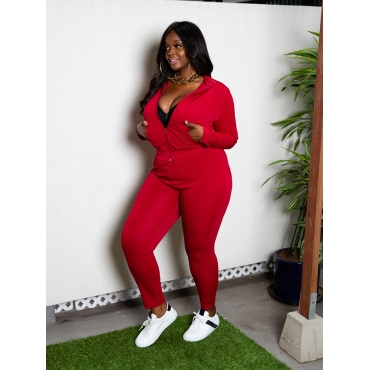 

LW BASICS Plus Size Zipper Design Tracksuit Pants Set, Red
