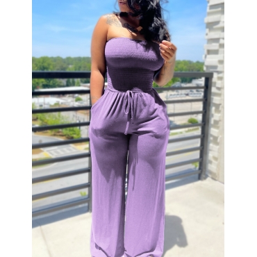 

LW Off The Shoulder Shirred Wide Leg Jumpsuit, Purple