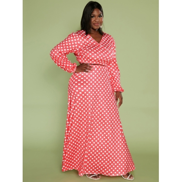 

LW Plus Size V Neck Dot Print A Line Skirt Set, Red