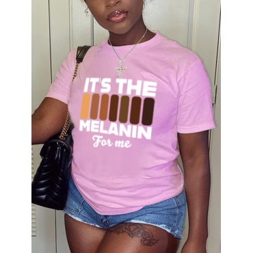 

LW Round Neck Letter Print T-shirt, Pink