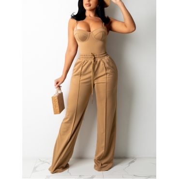 

LW Drawstring Wide Leg Cami Pants Set, Brown