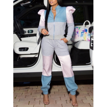

LW Puff Sleeve Color-lump Tracksuit Set, Blue