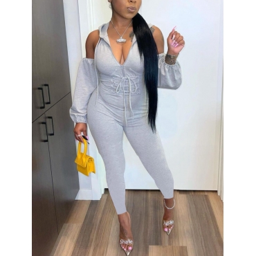 

LW Cold Shoulder Bandage Zipper Design Jumpsuit, Grey