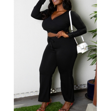 

LW Plus Size V Neck Drawstring Crop Top Pants Set, Black