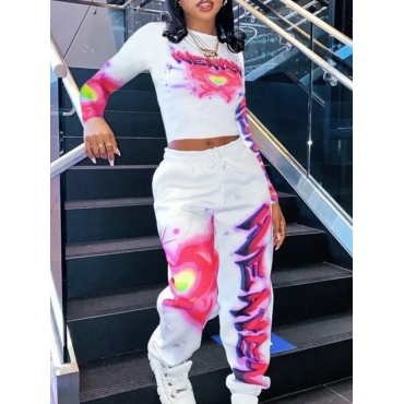 

LW Sportswear O Neck Print White Two Piece Pants Set