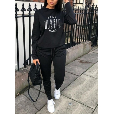 

LW Letter Print Drawstring Tracksuit Set, Black