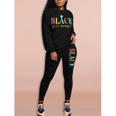 

LW Round Neck Letter Print Tracksuit Set, Black