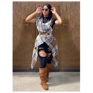 

LW Sleeveless Plaid Asymmetrical Vest, Coffee