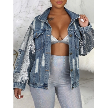 

LW Sequined Ripped Denim Jacket (No Stretch), Blue