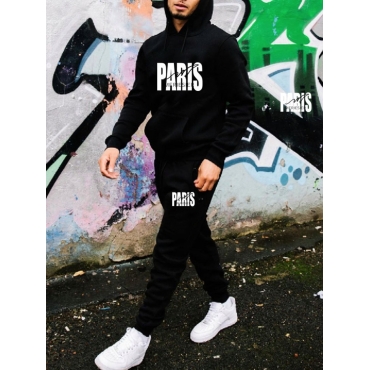 

LW Men Letter Print Kangaroo Pocket Tracksuit Set, Black
