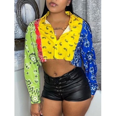 

LW Cashew Print Color-lump Loose Blouses, Yellow