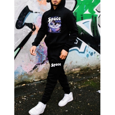 

LW Men Letter Cartoon Kangaroo Pocket Tracksuit Set, Black
