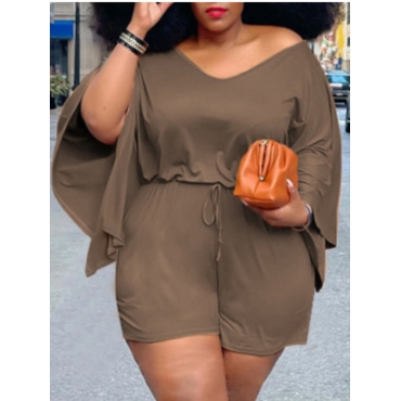 

LW Plus Size Batwing Sleeve Drawstring Shorts Set, Brown