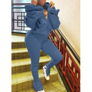 

LW Sportswear Hooded Collar Fold Design Blue Two Piece Pants Set