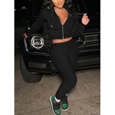 

LW Crop Top Zipper Design Tracksuit Set, Black