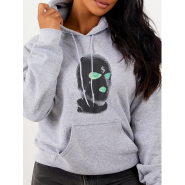 

LW BASICS Masked Face Print Kangaroo Pocket Hoodie, Grey