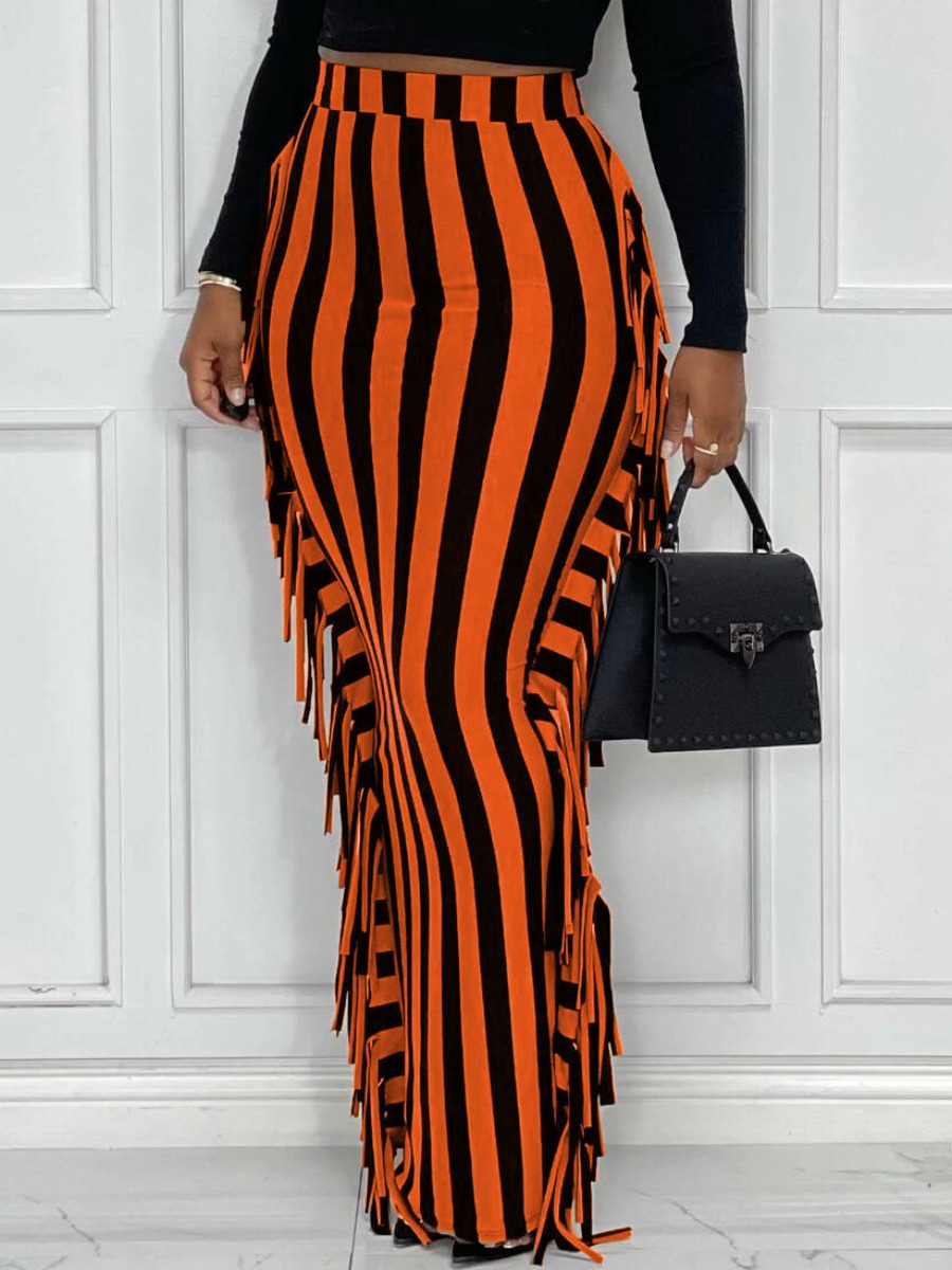 

LW Tassel Design Striped Skinny Skirt, Orange stripes