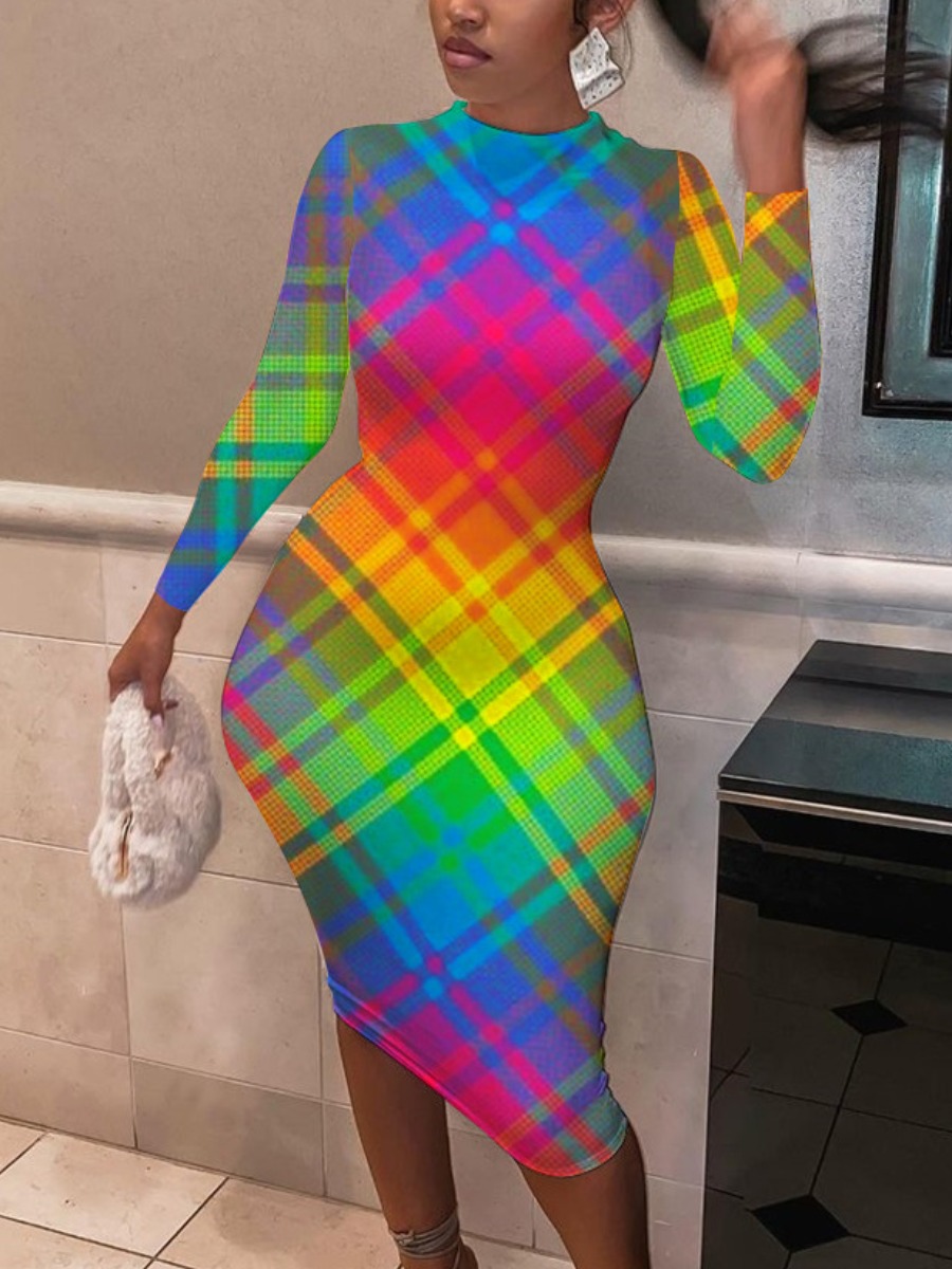 

LW Gradient Plaid Bodycon Multicolor Dress, Multi