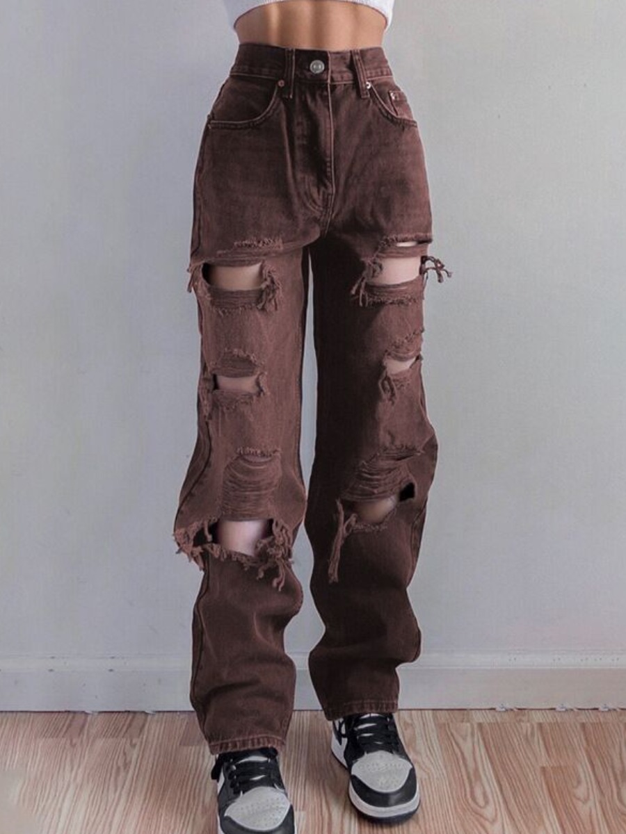 

LW Destroyed Ripped Solid Jeans, Brown