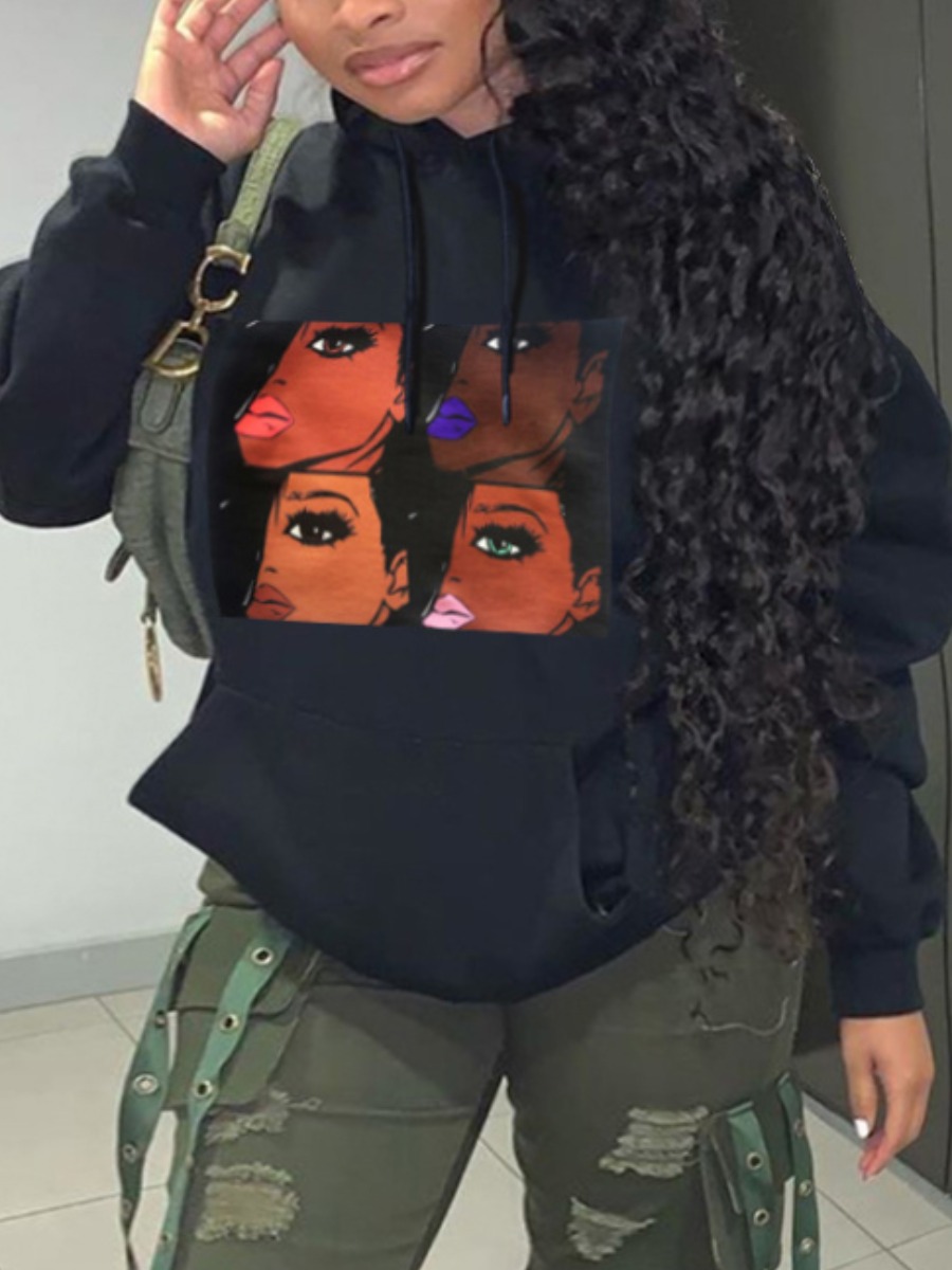 LW Plus Size Figure Print Pocket Design Hoodie